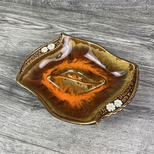 Vintage Mid Century Orange Lava Glazed Daisy Ceramic Chips and Dip Serving Bowl